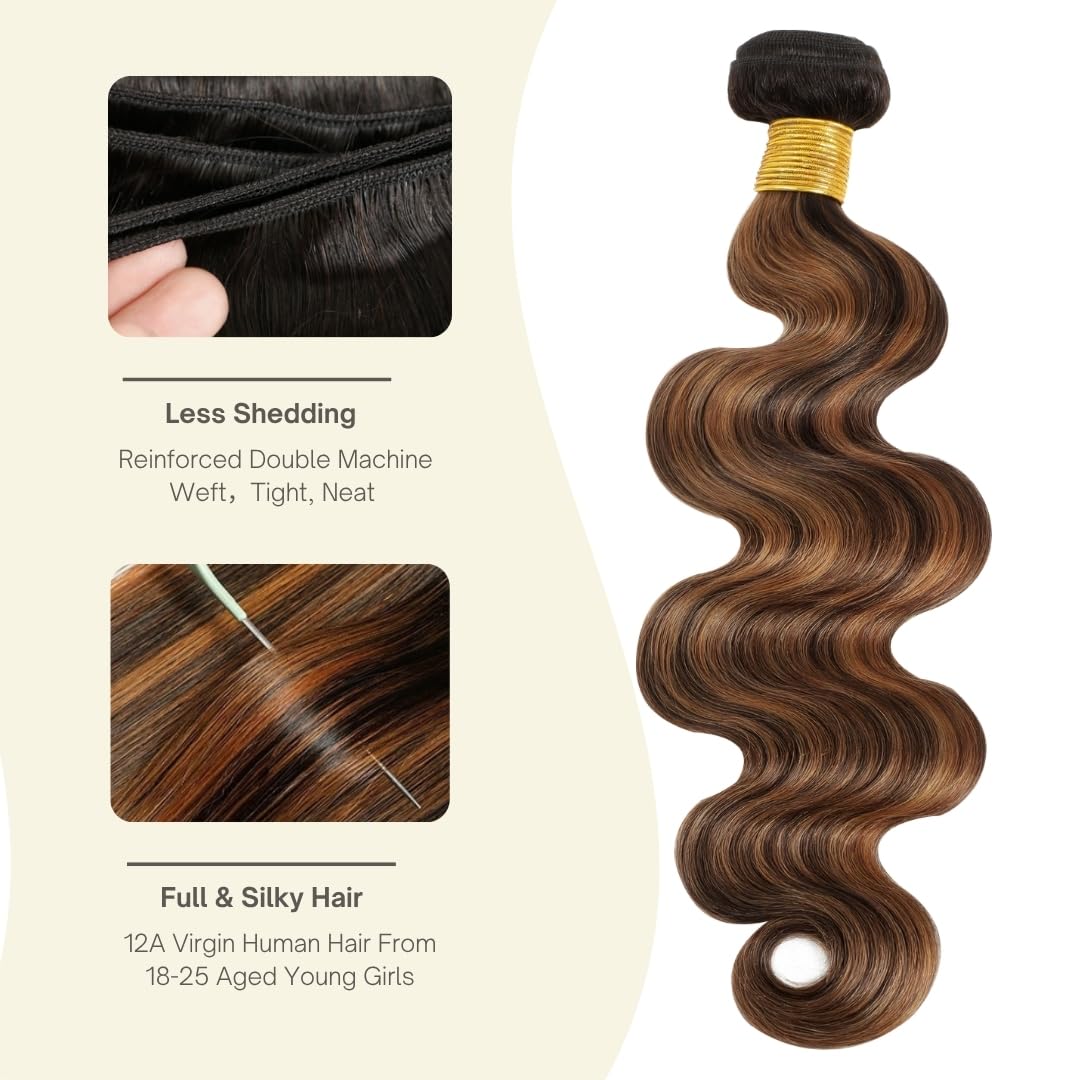 MOMOSHERO Black and Brown 2 Tones Highlighted Body Wave Single Bundles 14 In Human Hair, 12A Soft 100% Virgin F1B/30 Brazilian Colored Weaves Human Hair Bundles Extensions For Quick Weave Remy Sew In