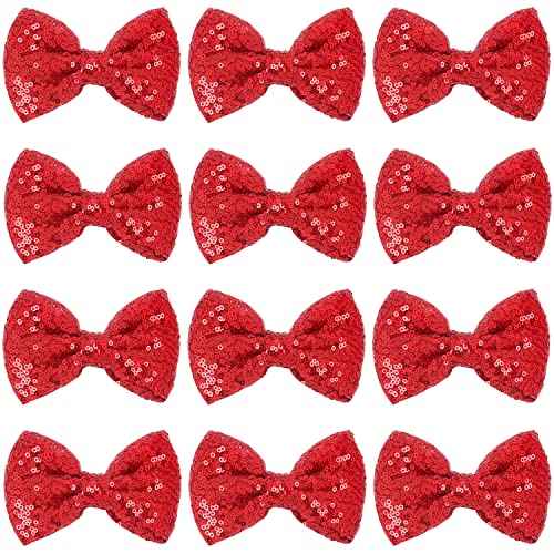 12 Pieces Red Sequin Bows for Girls 4.7" Large Cheer Hair Bow with Alligator Clips Hair Accessories for Kids Toddler Cheerleaders Teen Girls College Sports