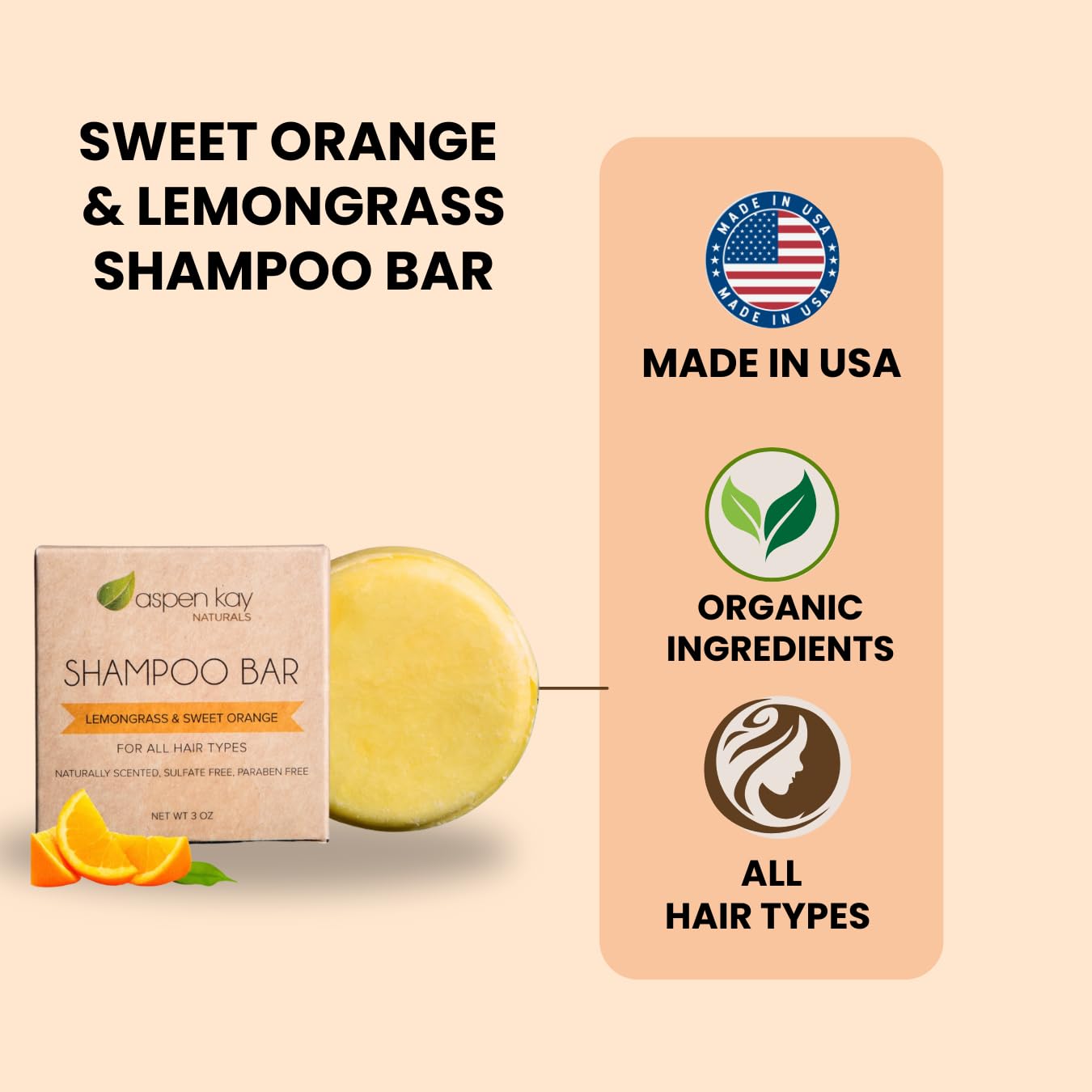 Solid Shampoo Bar, Made With Natural & Organic Ingredients, Sulfate-Free, Cruelty-Free & Vegan, All Hair Types, 3 Ounce Bar