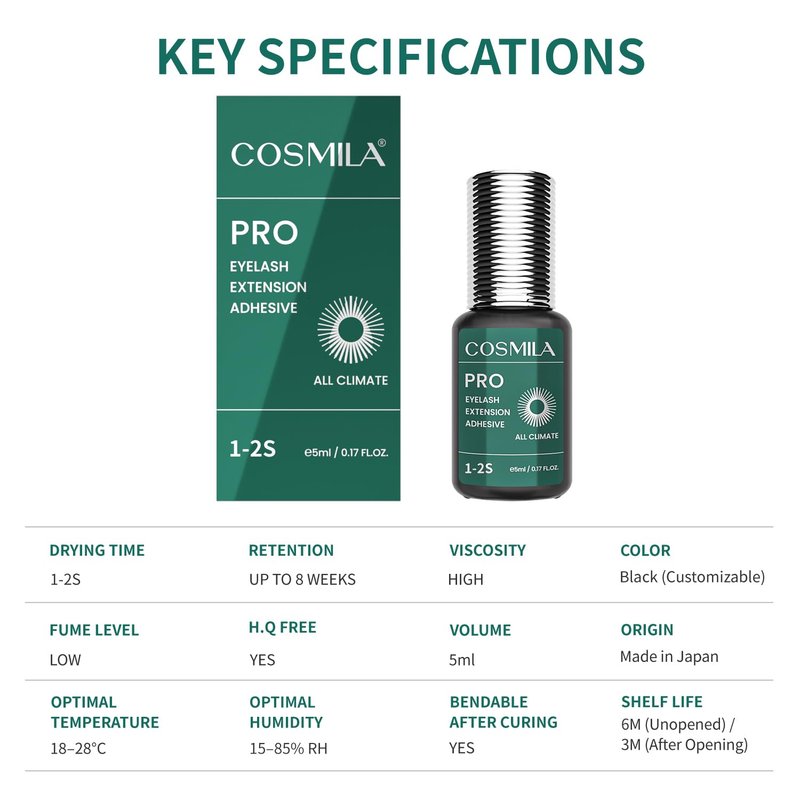 COSMILA Pro Eyelash Extension Glue – HQ Free – 99.8% Japan Monomer, Ultra-Stable – All-Climate, Sensitive-Friendly, Extra Strong – 8 Weeks Retention – for Lash Technicians – 5ml (<0.5s)