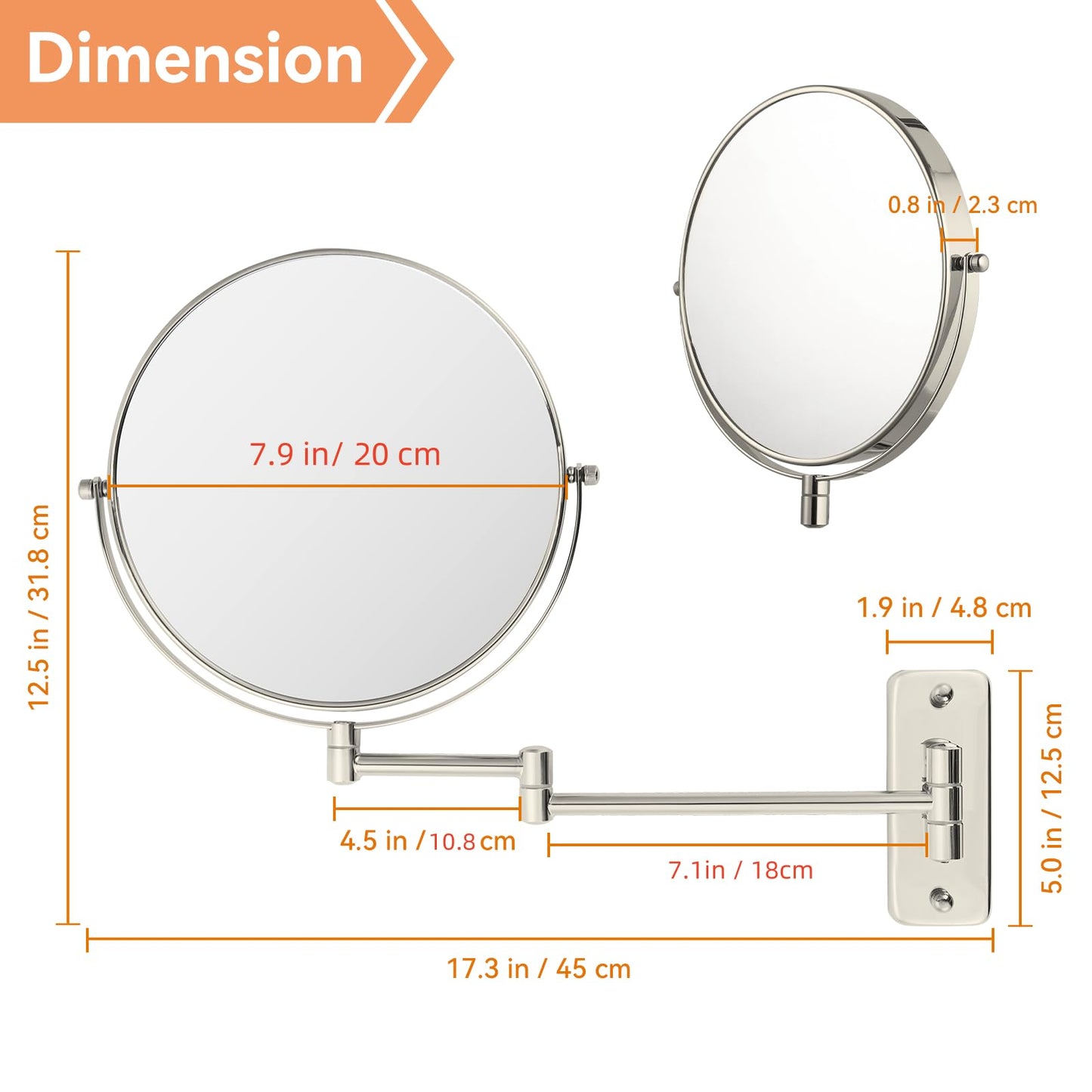 AumVum 8" Extendable Bathroom Mirror Wall Mount with 1X/10X Magnification, 360° Swivel Double Sided Vanity & Shaving Mirror, Nickel Finish (No Light)