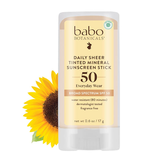 Babo Botanicals Daily Sheer Mineral Tinted Sunscreen Stick SPF 50 - Natural Zinc Oxide - EWG Verified, Fragrance-Free, Water Resistant