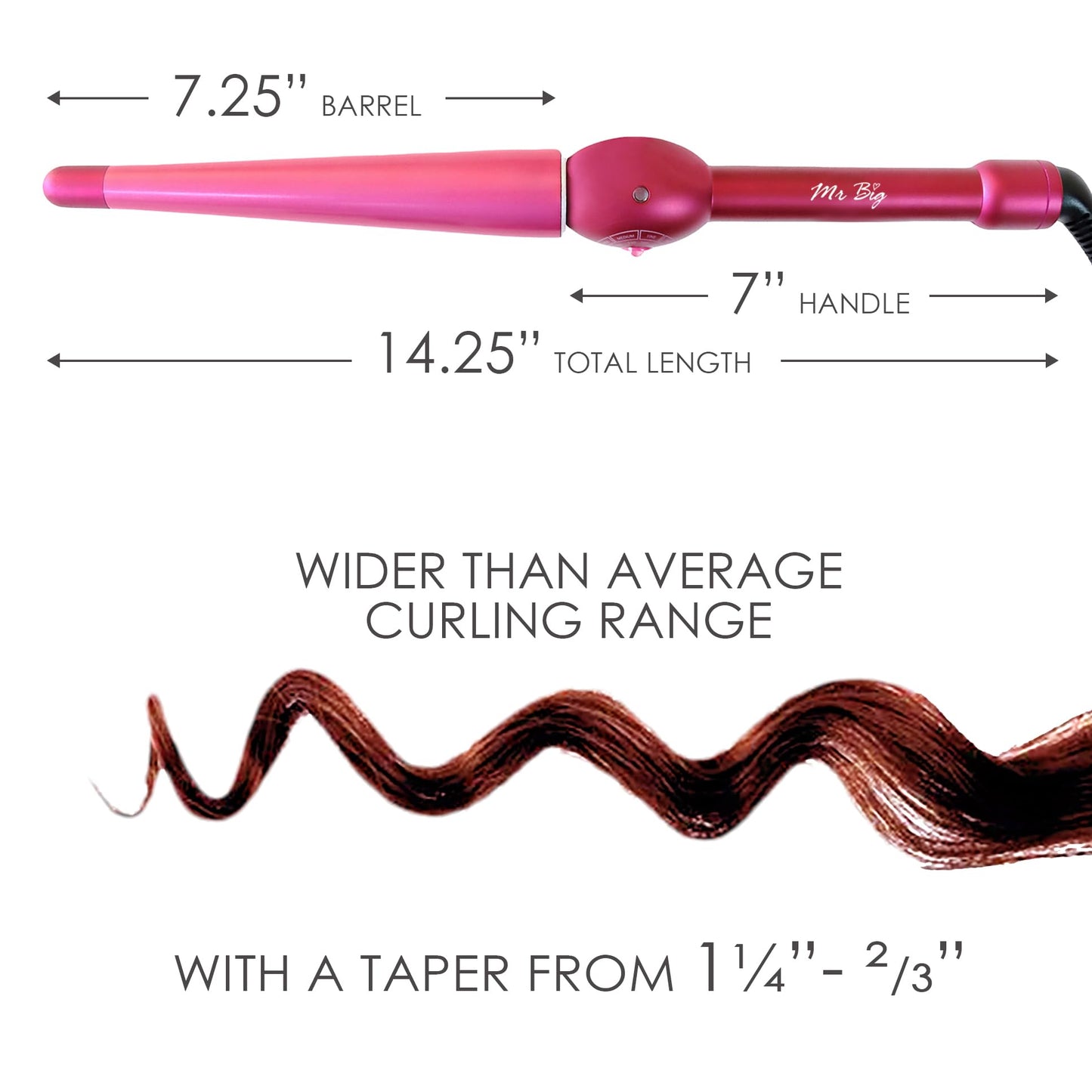 Mr Big Tapered Curling Wand – Long Barrel with Ceramic Coating for Long Hair – Conical Shape, 6 Heat Settings, Dual Voltage, Auto Off – Unique Taper from 2/3” to 1.25” Diameter