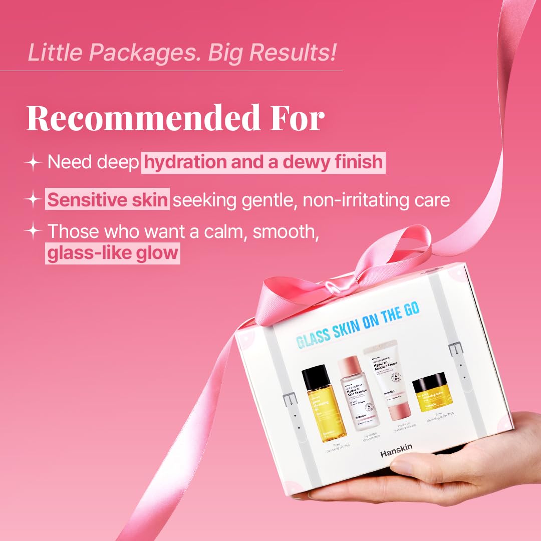 Hanskin Glass Skin On the Go Kit – Travel-Friendly Hydrating Set with PHA Cleansing Oil&Balm, Toner & Moisture Cream | TSA-Approved Mini Skincare, Holiday Stocking Stuffer, Teen Girl & Women’s Gift