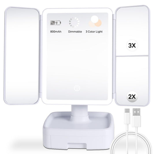 Fercexmy Makeup Mirror with LED Light, 1X/2X/3X Magnification, Rechargeable Vanity with Storage Box, Touch Control 3-Color Lighting, Portable Trifold Mirror, Gift for Her(White)