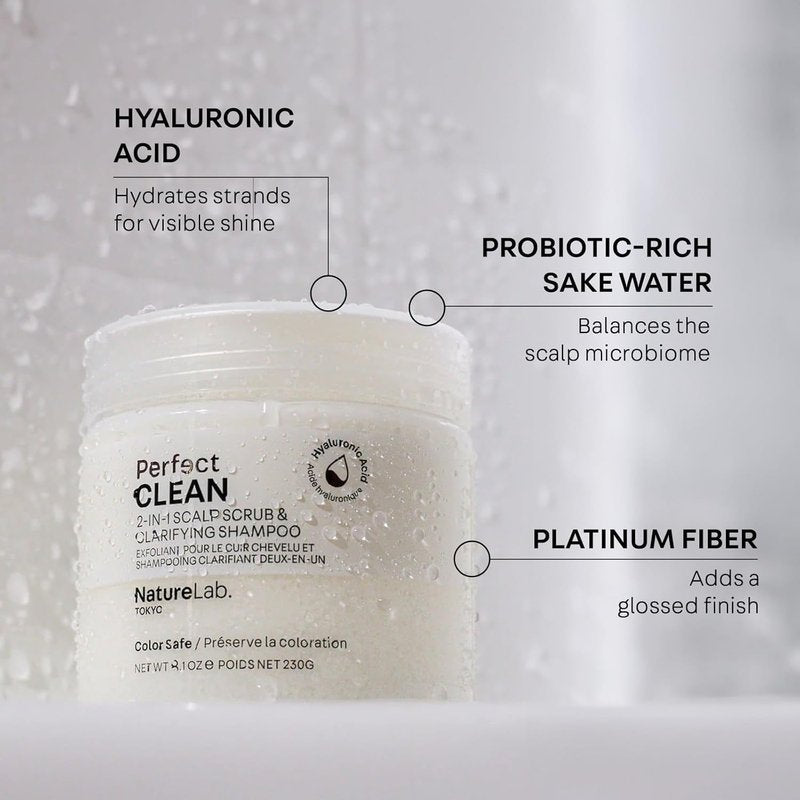 NatureLab.TOKYO Scalp Scrub & Clarifying Shampoo - Exfoliating Sugar Crystals, Probiotic Sake Water | 8.1 oz for Shine & Hydration