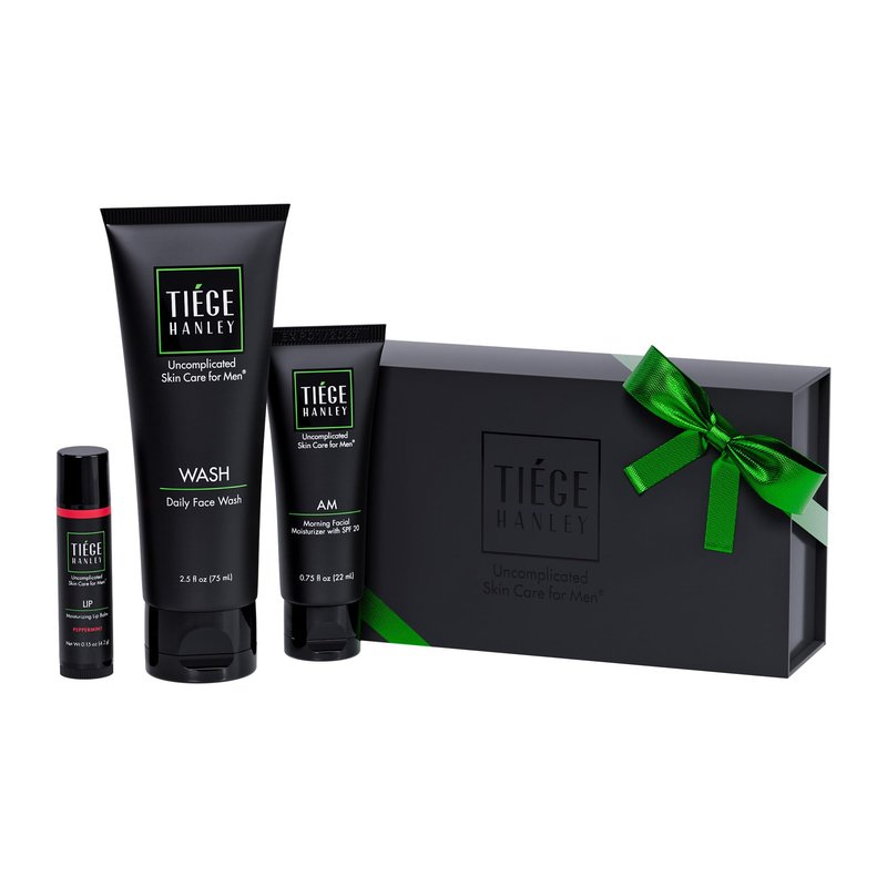 Tiege Hanley Skin Care Gift Box for Men, Bronze Gifting Skincare Set With Daily Face Wash, AM Moisturizer With SPF 20 Sunscreen, Hydrating Lip Balm, & Body Bar Soap, Men’s Skin Care, 4 Piece Set