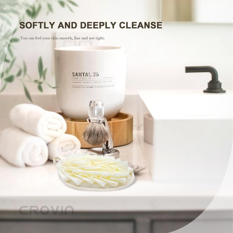 CROVIN Shower Puff 4 Pack Bath Sponge Shower Loofahs Pouf Large 7x5 Premium Exfoliating Mesh Puffs for Women and Men-Elastic Hand Strap Body Brush to Soothe, Cleanse Your Skin