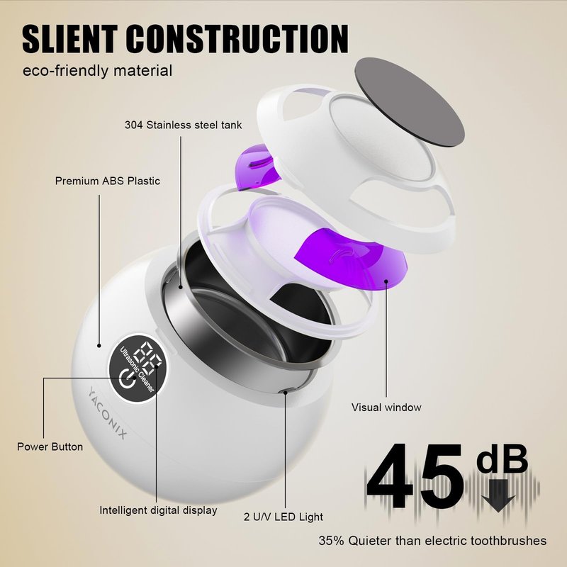 Ultrasonic Retainer Cleaner Machine 45kHz Dental Retainer Cleaner with 3 Modes and Digital Timer Mouth Guard for Retainer Clean, Denture Clean,Braces, Aligner, Jewelry 200ML (Cloud White)