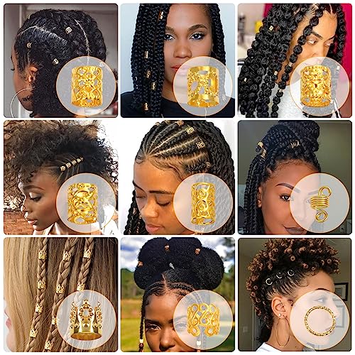 Lucomb 220 Pcs Gold Hair Jewelry for Braids, Loc Jewelry for Hair Dreadlock, Loc Charms for Women, Metal Gold Braids Rings Cuffs Clips for Dreadlock Accessories Clip Braids Extensions Decorations