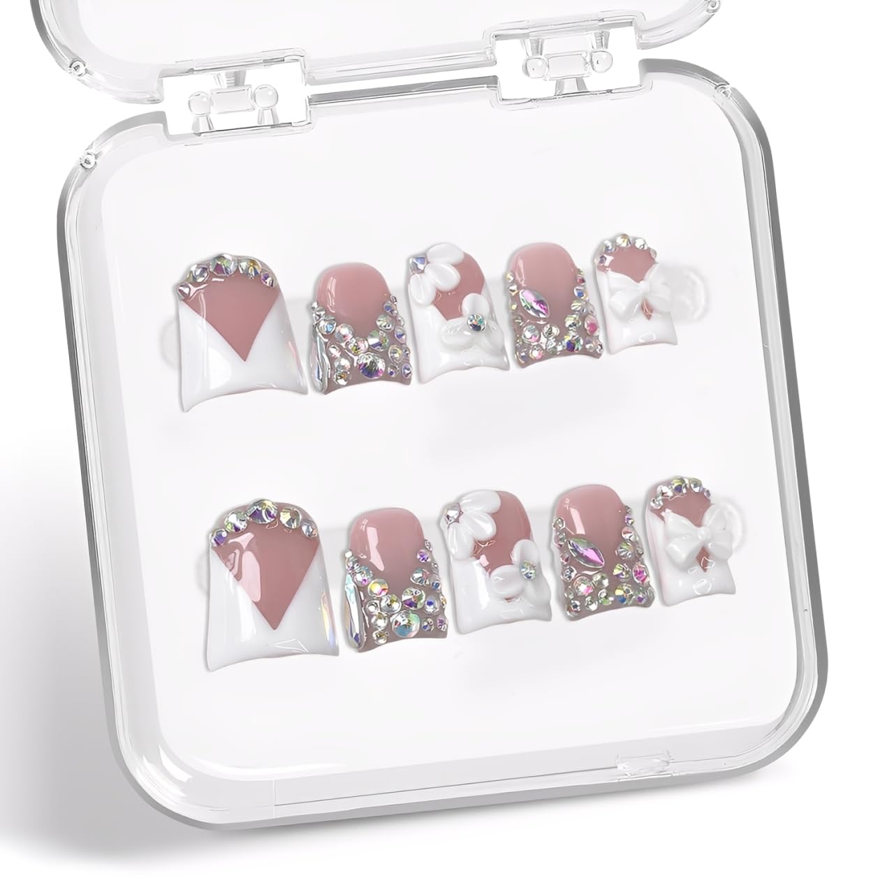 Handmade Press on Nails Rhinestone French Tip Fake Nails Muti-Layer Gel Short Duck False Nail with Luxury 3D White Flower Bow Design Full Cover Thicked Acrylic Nail Stick on Nail for Women (M)