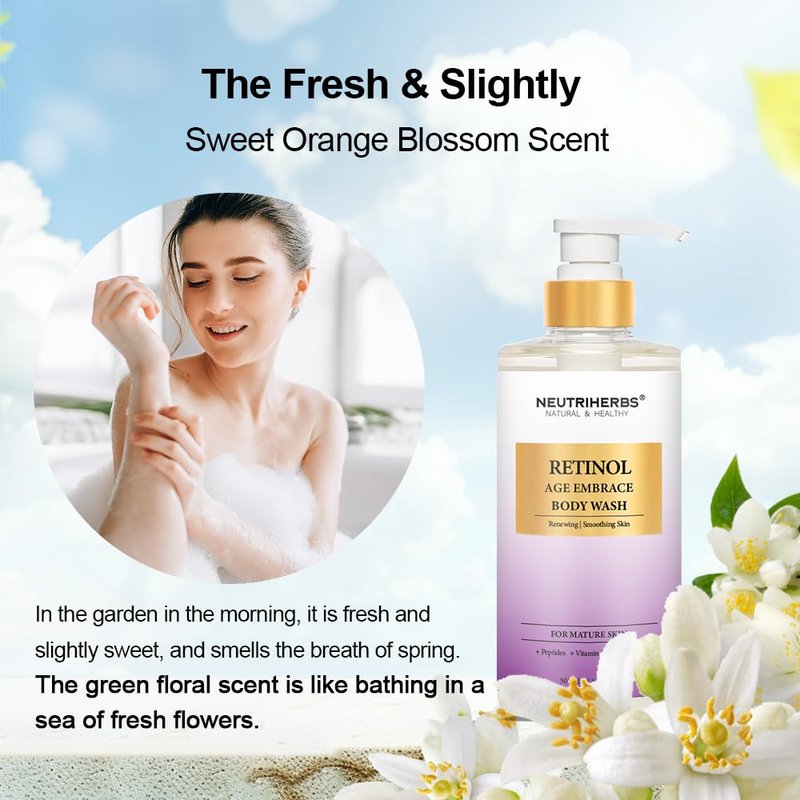 Neutriherbs Retinol Body Wash, Anti Aging/Renewing Shower Gel For Women And Men, Daily Shower Soap With Peptides, Vitamin E, Aloe Vera - Orange Blossom Scent 16.9 Fl.Oz