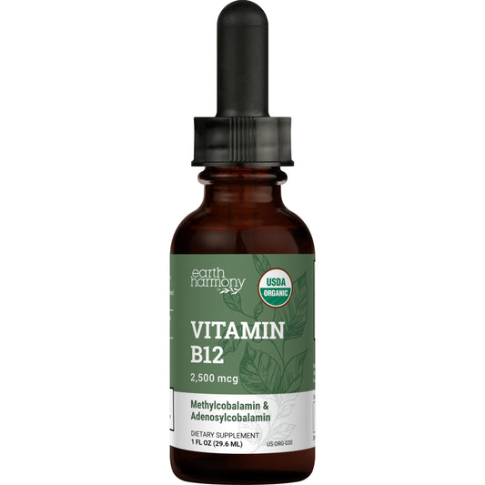 Earth Harmony Naturals Organic Vegan Vitamin B12 Sublingual Liquid Supplement - 2500mcg Methylcobalamin Drops for Natural Energy, Metabolism Health and Immune System Support - 1 Fl Oz