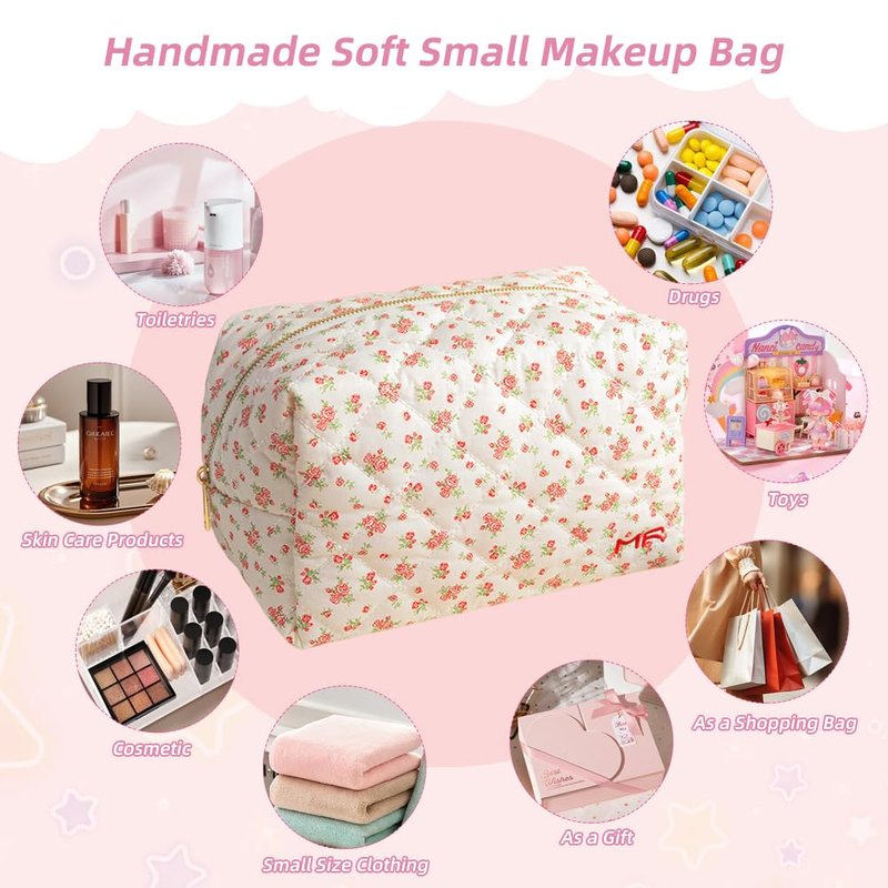 MIROSIE 2-Piece Handmade Cotton Quilted Makeup Bag Set, Floral Cosmetic & Skincare Organizer Zippered Pouch for Women & Girls, Travel Toiletry Bag for Essentials,Rose