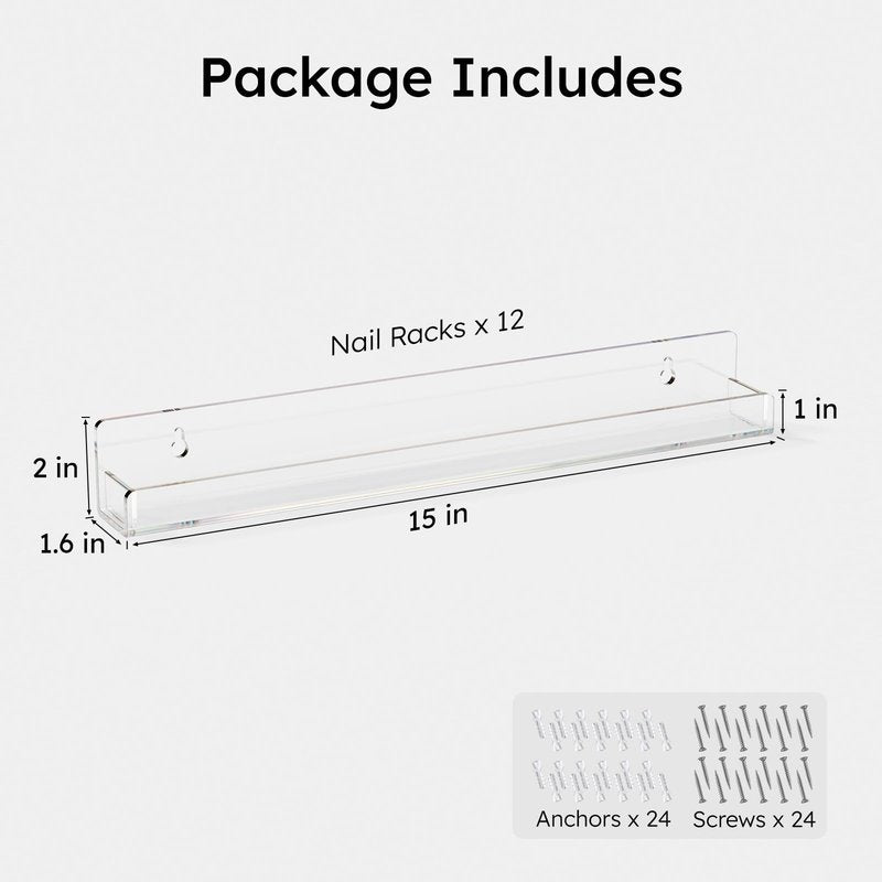 FEMELI Acrylic Clear Nail Polish Wall Rack: 12pcs Organizer Holder Display Shelves - 15 Inch