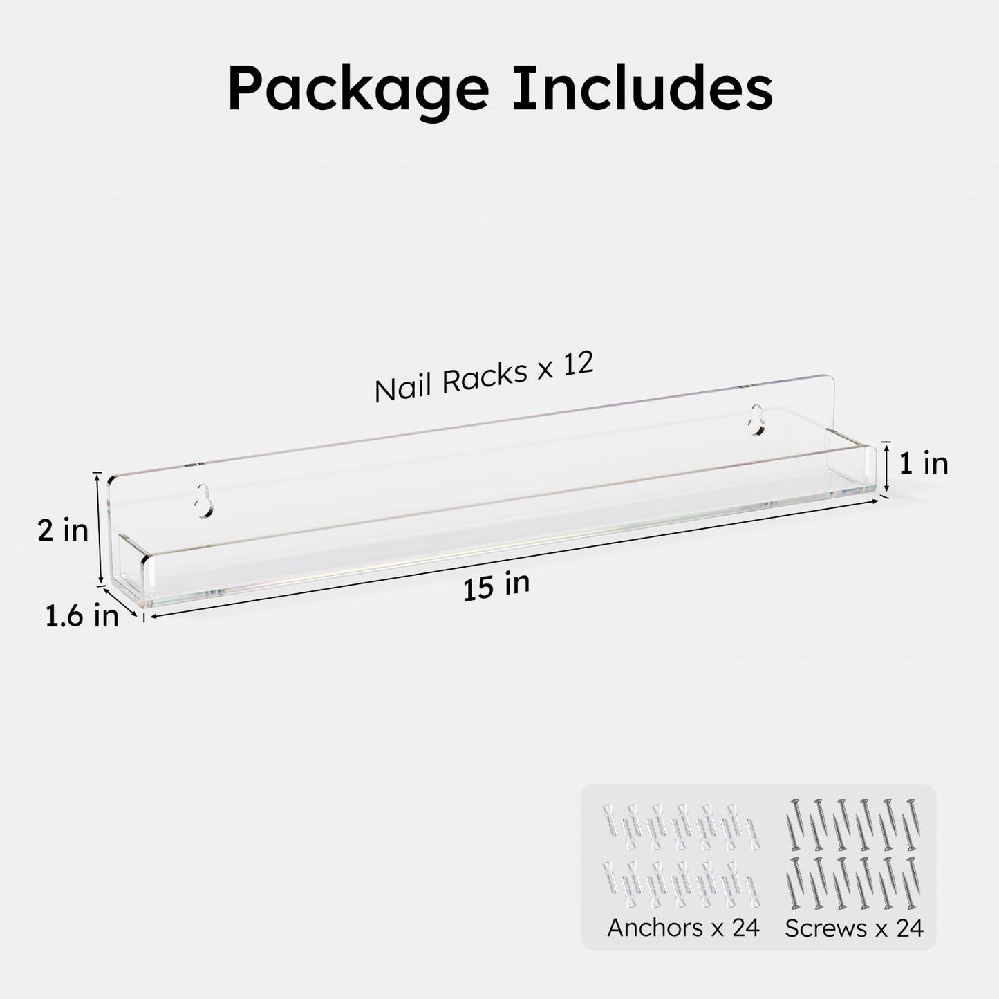 FEMELI Acrylic Clear Nail Polish Wall Rack: 12pcs Organizer Holder Display Shelves - 15 Inch