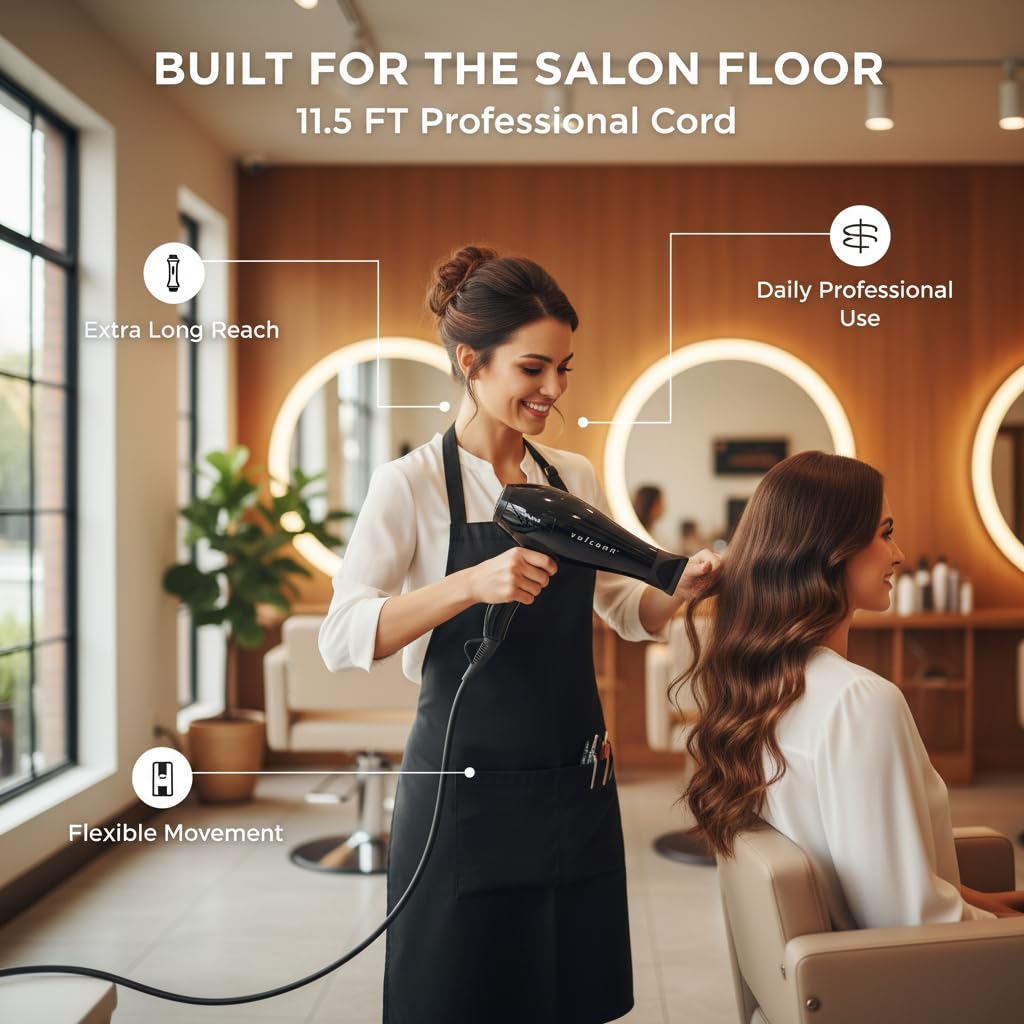 IZUTECH Vulcann 3900 Professional Salon Hair Dryer, 1875W AC Motor Blow Dryer with Tourmaline Ionic Technology, 3 Heat & 2 Speed Settings, Cool Shot Button, 11.5 ft Professional Cord, Black