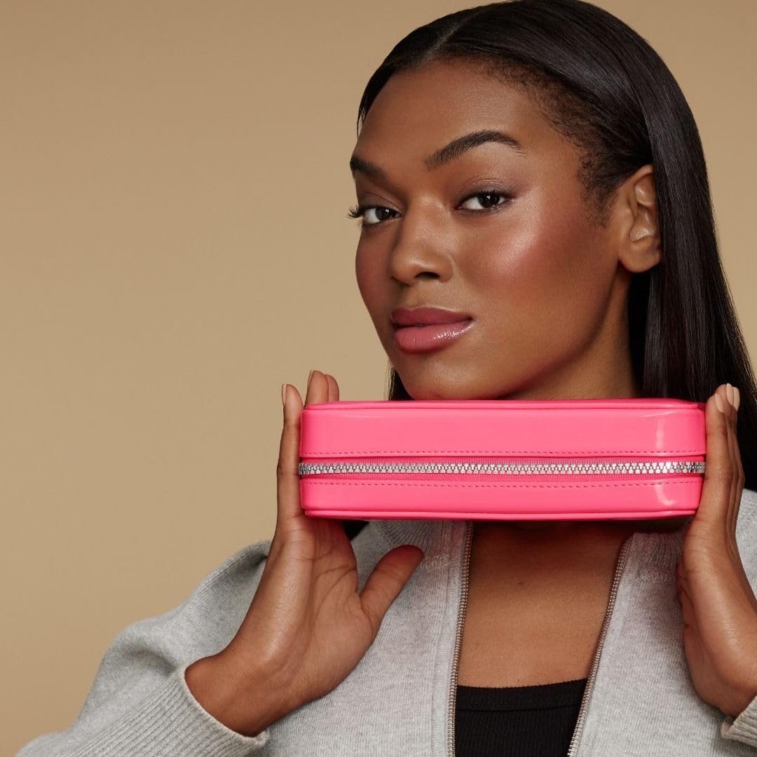 Woosh Fold out Case | Fashionable Makeup and Brush Case | Hard sided for travel and on to go | fits palette and brushes | Zips up for secure travel (Pink)