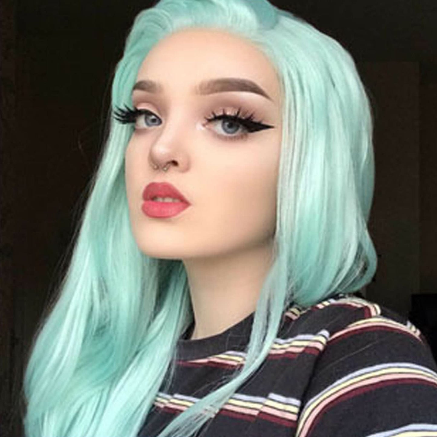 karissa Hair Green Wig Long Wavy Mint Lace Front Wigs Pastel Light Blue Synthetic Realistic Pre Plucked Hairline Glueless Heat Resistant Fiber Replacement Halloween Costume Cosplay Party 24 Inches