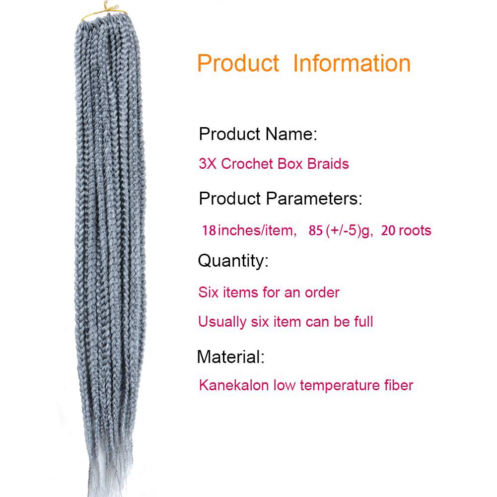 Mayloss 6 Packs/Lot (14/18/24/30) inch 1cm 20 Strands/Pack Thin 3X Box Braid Crochet Hair Extensionin Diameter 3X Synthetic Braid Hair Extensions Crochet Braids Hair Color(18Inch Grey)