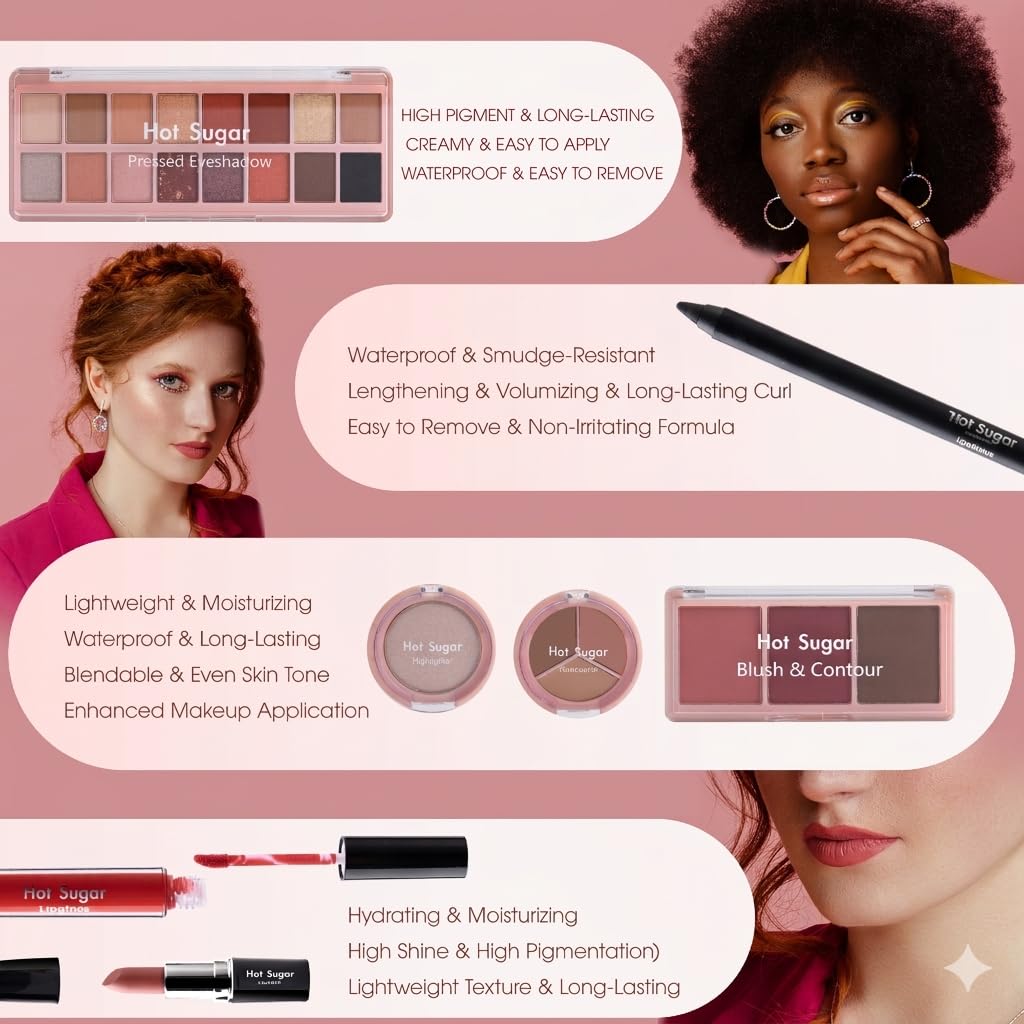 Hot Sugar All in One Makeup Kit, Makeup Set for Women, Girls Makeup Kit for Teens with Eyeshadow, Blush, Contour, Highlighter, Concealer, Lipstick, Lip Gloss, Eyeliner and Brush (Pink)