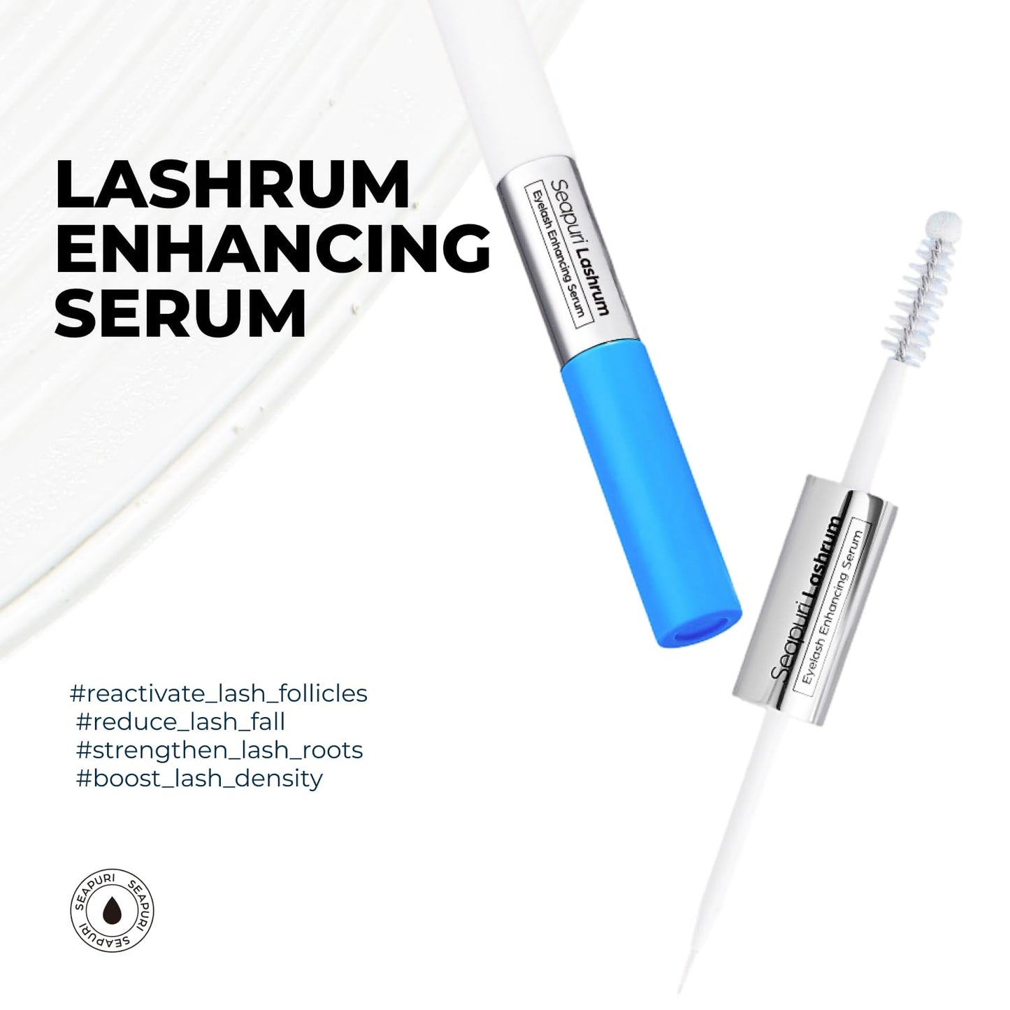 Seapuri Lashrum Eyelash Enhancing Serum | Lash Growth Serum with Caffeine, Peptide & Biotin | for Longer, Fuller Lashes | Dual Brush for Precise & Full Application | Non-Irritating, Daily Use