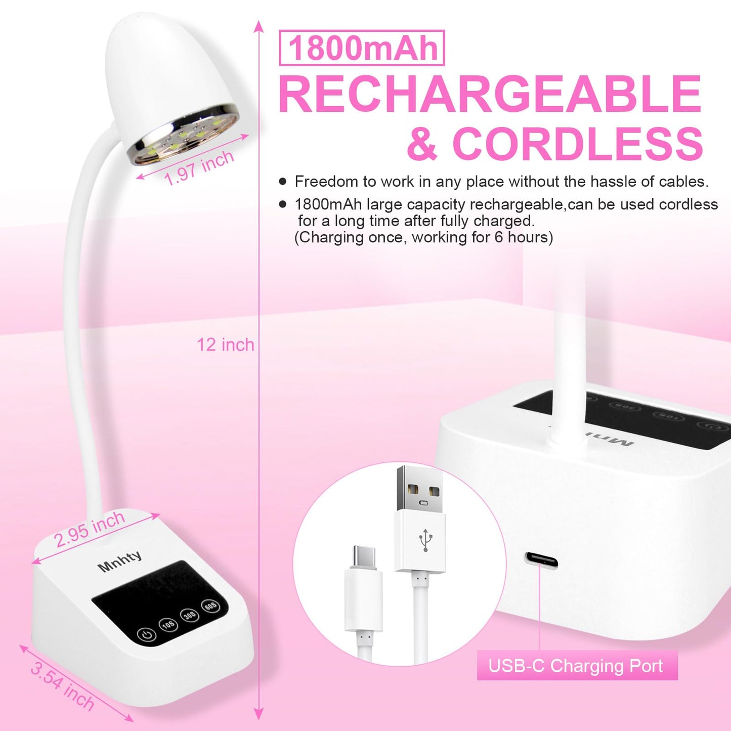 Mnhty U V LED Nail Lamp, Goose Neck Flash Cure Lamp 27W Rechargeable Mini U V Light for Gel Nails, Cordless Flash Cure Light with 3 Timers&Sensor, Fast Curing Gooseneck Lamps for Gel X, Snow White