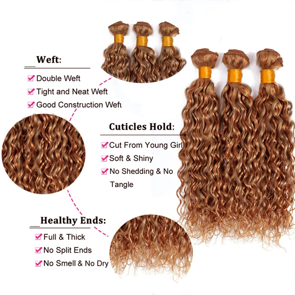 P27/30 Deep Wave Bundles Honey Brown Human Hair Bundles 28 28 28 Inch 2 Tone Honey Blonde Mixed With Light Brown Double Weft Real Ombre Hair Extensions