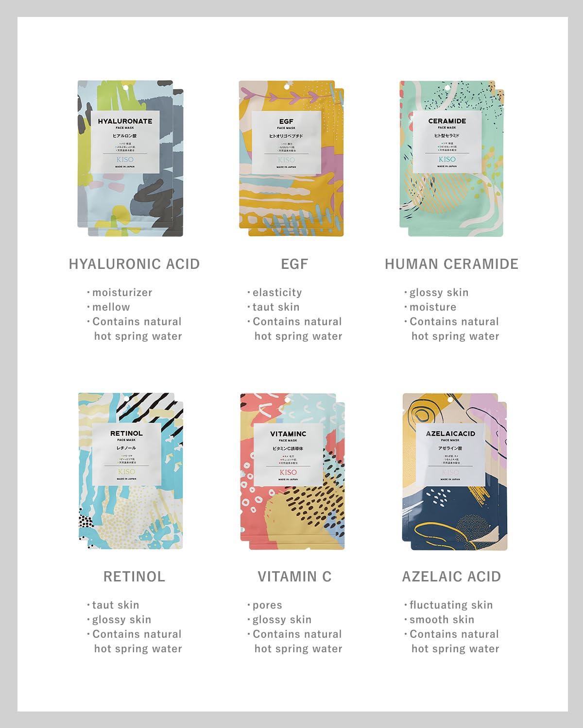 KisoCare Japanese Facial Sheet Mask Variety Pack 24 Combo Pack - Hydrating Brightening Soothing - Made in Japan Hot Spring Water, Individually Packaged