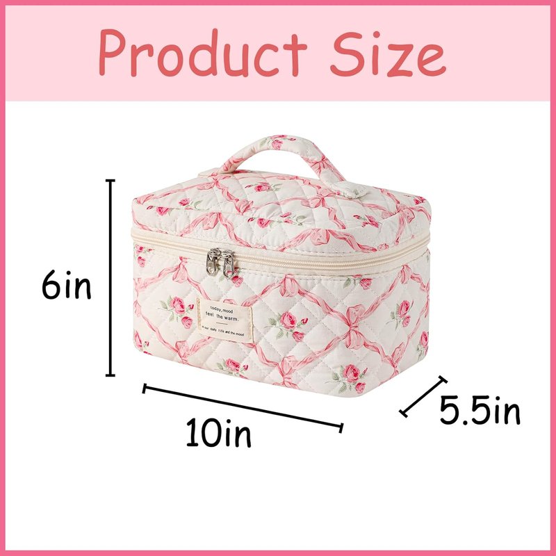 Large Quilted Makeup Bag - Cotton Floral Toiletry Bag for Women | Cute Kawaii Travel Cosmetic Organizer (Pink Bows)