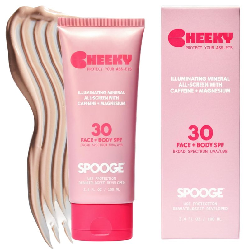 Spooge Cheeky | Shimmer Mineral Sunscreen SPF 30 | Zinc Oxide Sunblock | Glitter Sunscreen For Face & Body | Caffeine Infused Formula | Dermatologist Developed | Reef Safe Sunblock | 3.4oz