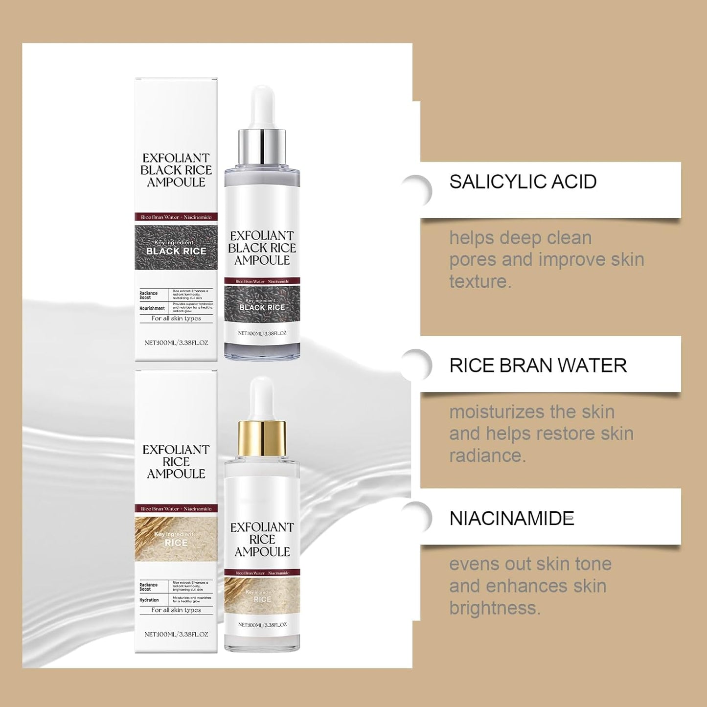 Dual Action Facial Peeling Set - Rice Water & Black Rice Exfoliating Ampoules for Gentle Skin Renewal | 2 x 100ml