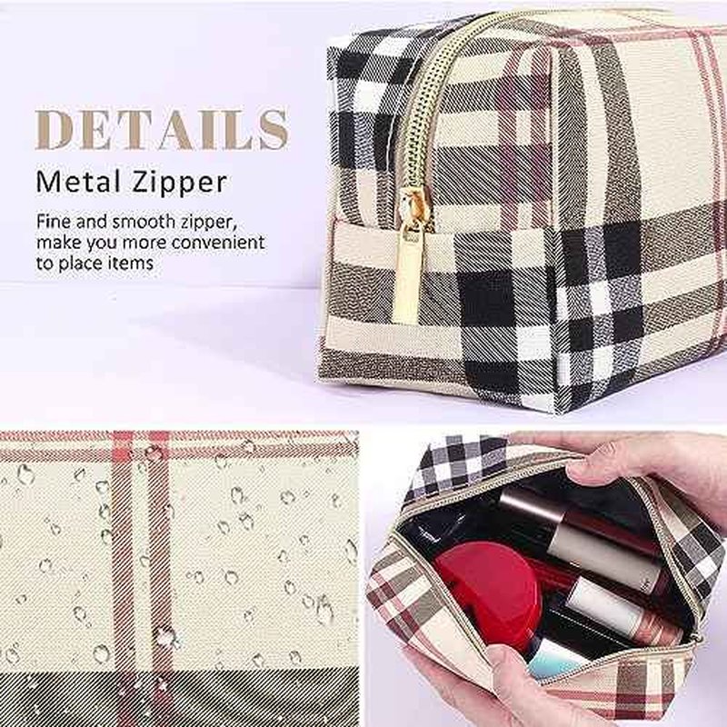 MAANGE Small Makeup Bag for Purse, 2 PCS Cosmetic Bag for Women Travel Makeup Pouch Leather Make up Bag Portable Zipper Pouch Brushes Bag - khaki plaid