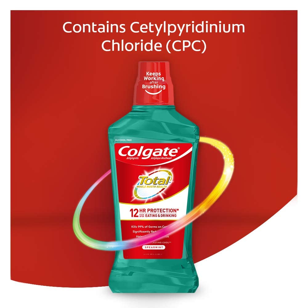 Colgate Total Pro-Shield Alcohol Free Mouthwash, Antibacterial Formula, Spearmint - 500 mL, 16.9 Fluid Ounce (6 Pack)