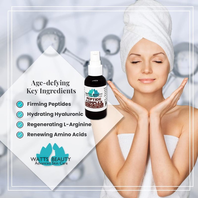 Watts Beauty Peptide Anti-Aging Face Serum - Hyaluronic Acid and Collagen Boosting Daily Face Care Polypeptide Complex with L-Arginine Firms Wrinkles and Boosts Collagen in 2 oz Pump Bottle