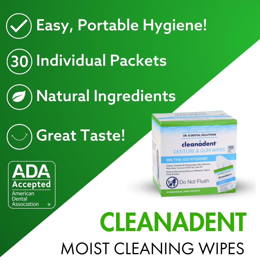 Dr. B Dental Solutions Cleanadent Wipes - Convenient Denture Cleaning Wipes, Refreshes Gums, No Artificial Colors/Flavors - 60 Count