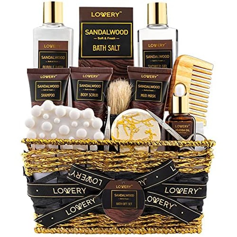 Christmas Mens Gift Set, 14Pc Sandalwood Bath Gift Set, Personal Self Care Kit, Gifts from Son, Relaxing Man Gift Basket for Dad, Boyfriend, Husband, Birthday Basket, Grooming & Skin Care for Men