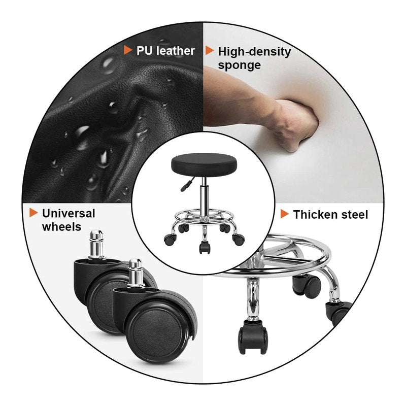KKTONER PU Leather Round Rolling Stool with Foot Rest Swivel Height Adjustment Spa Drafting Salon Tattoo Work Office Massage Stools Task Chair Cushion 14 inches (Black)
