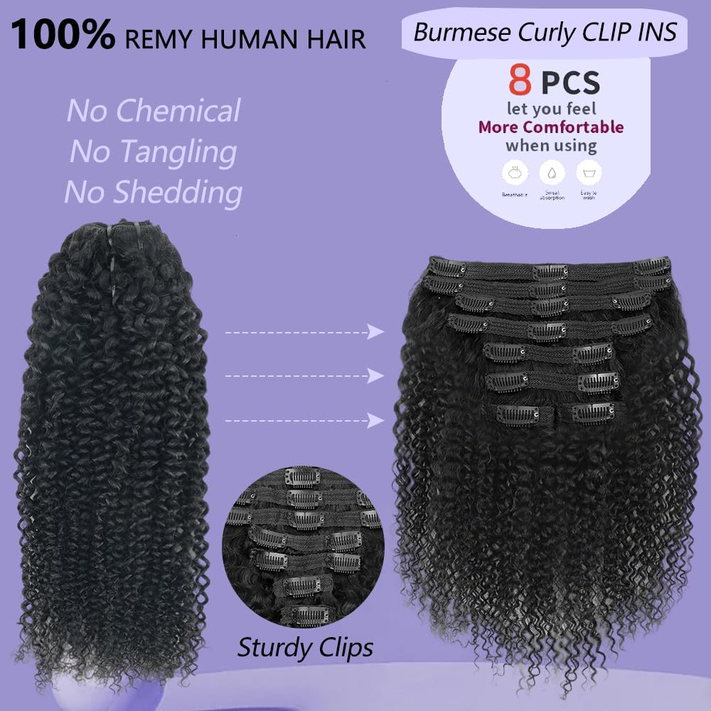 3C 4A Kinky Curly Clip in Hair Extensions Human Hair for Black Women - 8Pcs 18Clips Double Weft Brazilian Remy Human Hair Thick to Ends 120G/4.2oz Natural Black (12 inch)