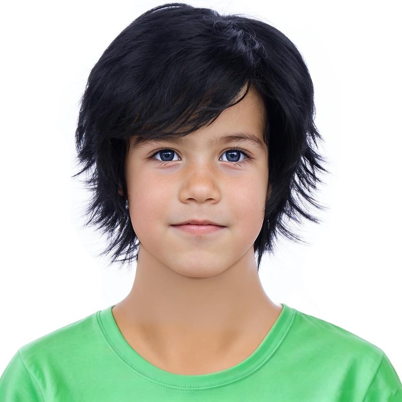 PATTNIUM Short Black Wig for Kids Boys Straight Black Wig Heat Resistant Synthetic Wig with Wig Cap
