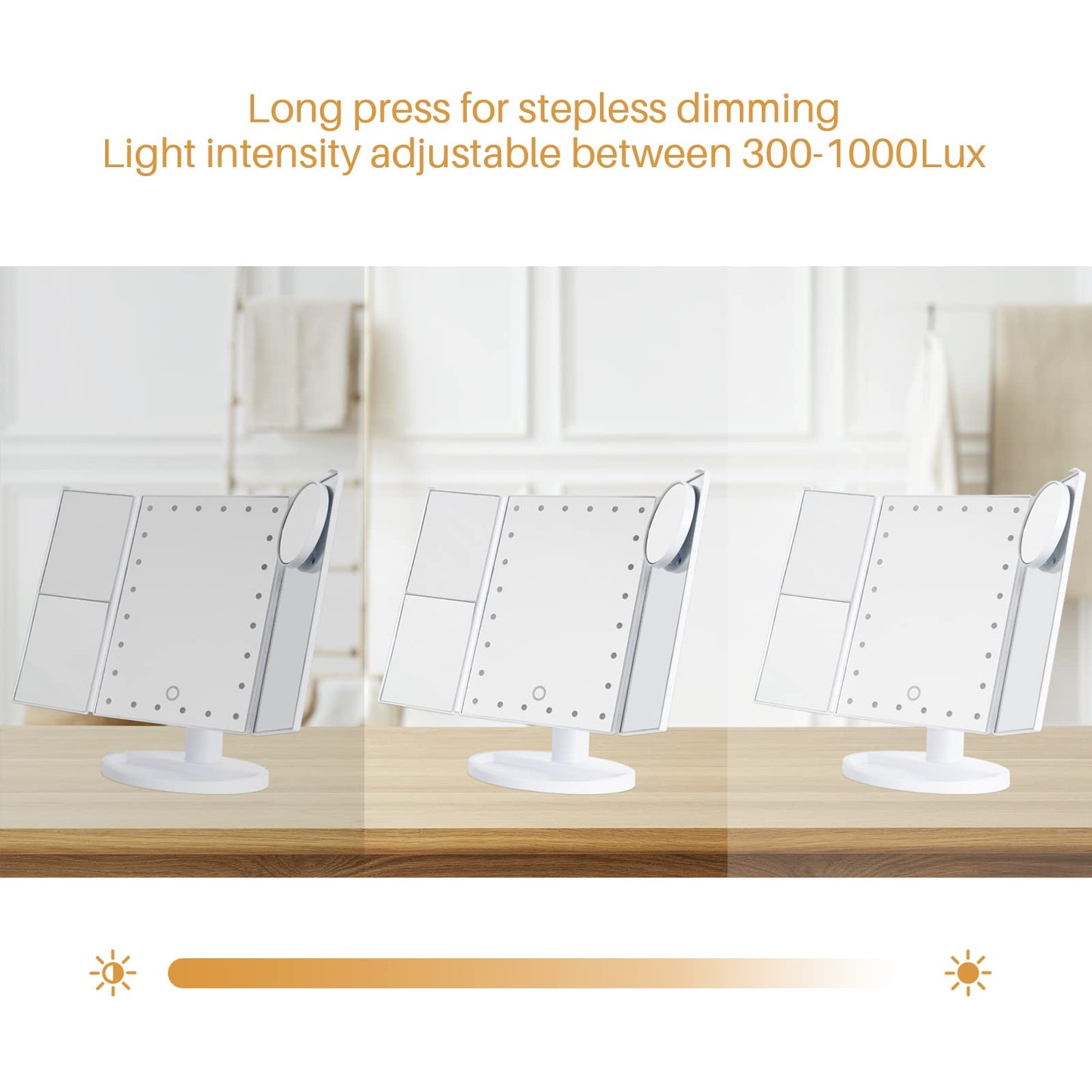 bemelux Tri-fold Vanity Mirror Light with 10x Magnetic Small Lens, 1X/2X/3X Magnification, Touch Control, Foldable, Dual Power Supply, Detachable LED Vanity Mirror.