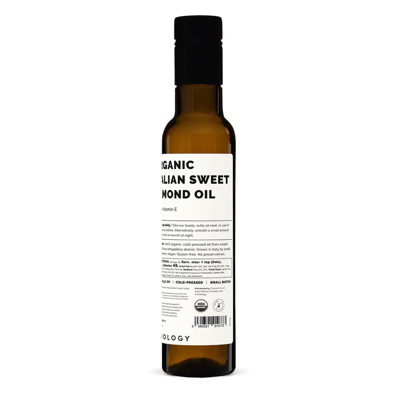 100% Organic Sweet Almond Oil 250ml - Cold-Pressed - Rich in Skin-Nourishing Vitamin E - Straight from Farm in Italy - Non-GMO - No Additives or Preservatives - Recyclable Glass Bottle