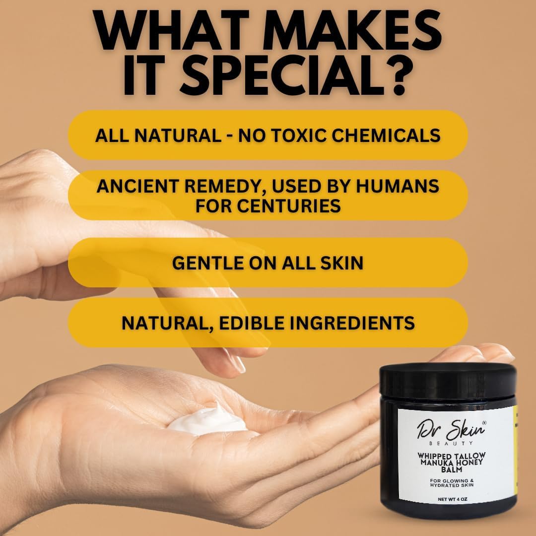 Whipped Beef Tallow & Manuka Honey Balm - Organic Lip Balm and Skin Lotion with Olive Oil for Psoriasis & Eczema - Hydrating For Men, Women & Babies - Orange Scented, 4oz