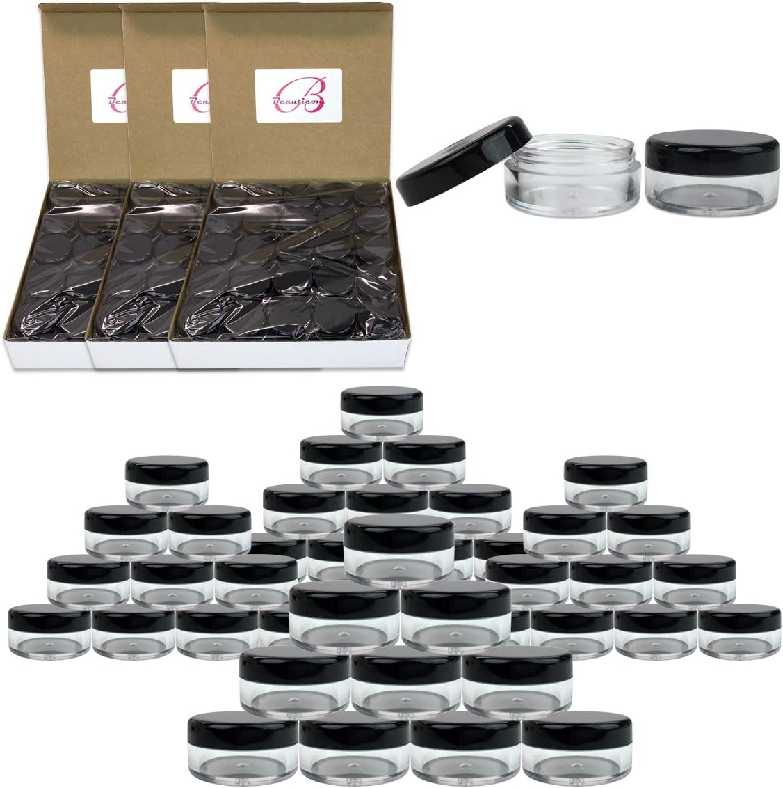 Beauticom Round Clear Jars - 5G/5ML with Black Lids for Beads, Gems & Crafts | 200-Pack