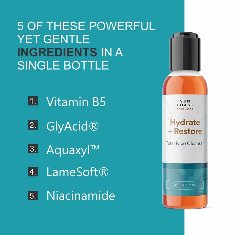 SUN COAST SCIENCES - Hydrate + Restore Total Face Cleanser, Vitamina B, Hydrating Facial Cleanser With Niacinamide for All Skin Types - 4 Fl Oz (Pack of 1)
