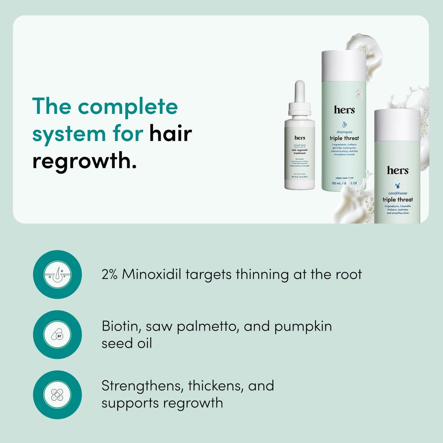 HIMS and HERS Triple Threat Shampoo - Conditioner and 2% Minoxidil Set - Biotin - Saw Palmetto and Pumpkin Seed Oil - Regrowth for Women - Color-Safe - Paraben-Free - Napa Rose - 3 Count - 6.4 Fl Oz