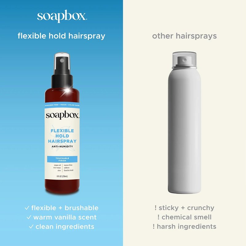 Soapbox Non Aerosol Hairspray, Anti Humidity & Flexible Hold Hairspray Adds Shine & Controls Frizz - Scented Anti Frizz Hair Spray with B5 & Aloe Vera - Touchable, Light, Soft Hold, Non-Aerosol - 8oz