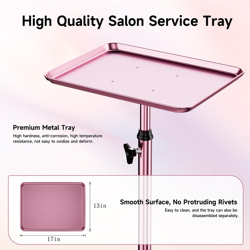 Salon Tray Cart Rolling Tray Spa Tray,Tattoo Tray Dental Tray Height Adjustable,Salon Tray on Wheels Premium Metal Rolling Trolley,Pink