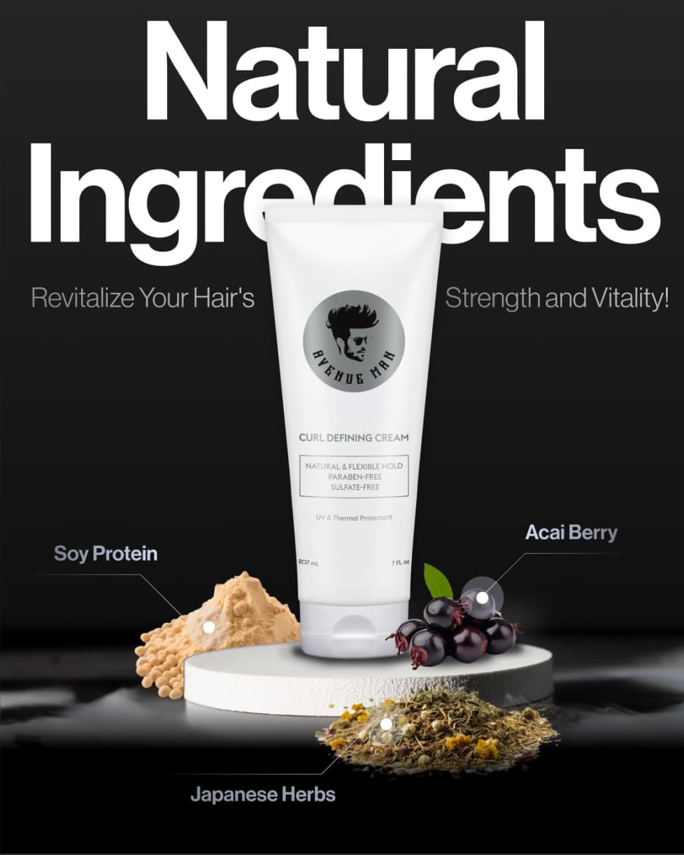 Avenue Man Curl Defining Cream - Improved Formula - Natural & Flexible Hold with Herbal Extracts for Curly & Wavy Hairs - Paraben Free & Sulfate Free