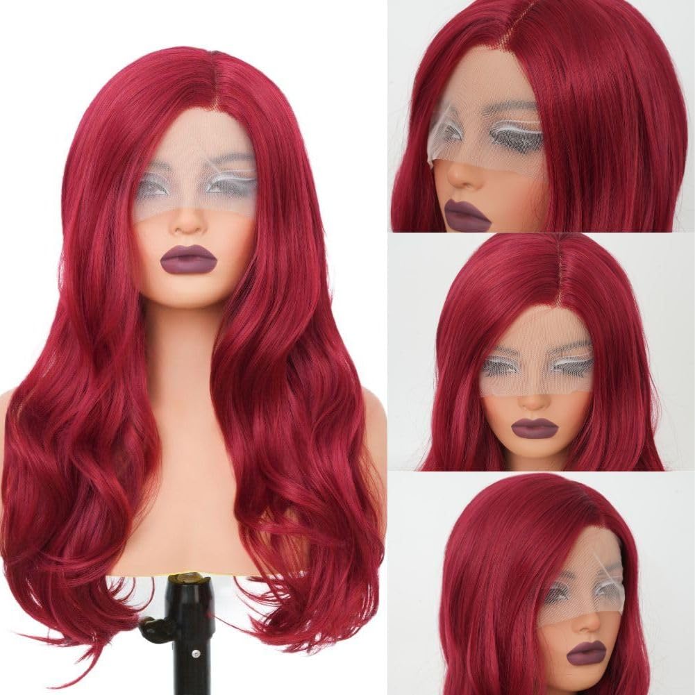 Salaibs Red Lace Front Wig Long Curly Wavy Wig for Women Side Part Natural Hairline Synthetic Heat Resistant Hair Wigs Cosplay Halloween Costume Wig